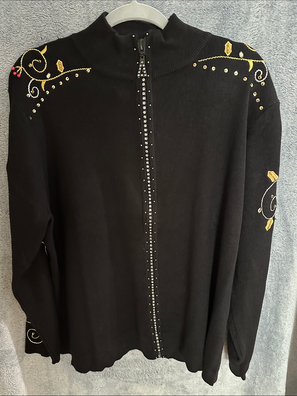Black Embroidered Zip-Front Women's Sweater